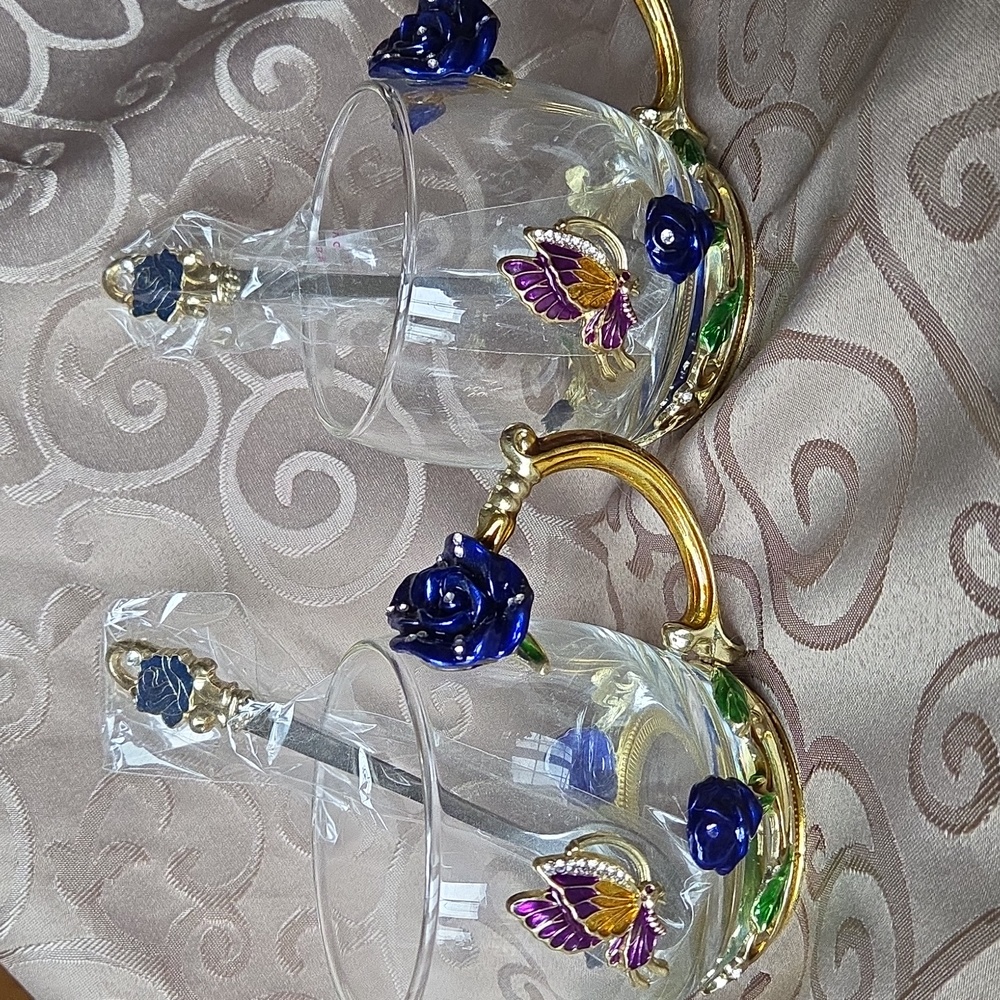 2 Each ARC Glass Mug Cup with Metal BLUE Roses & Purple Butterfly & Spoon